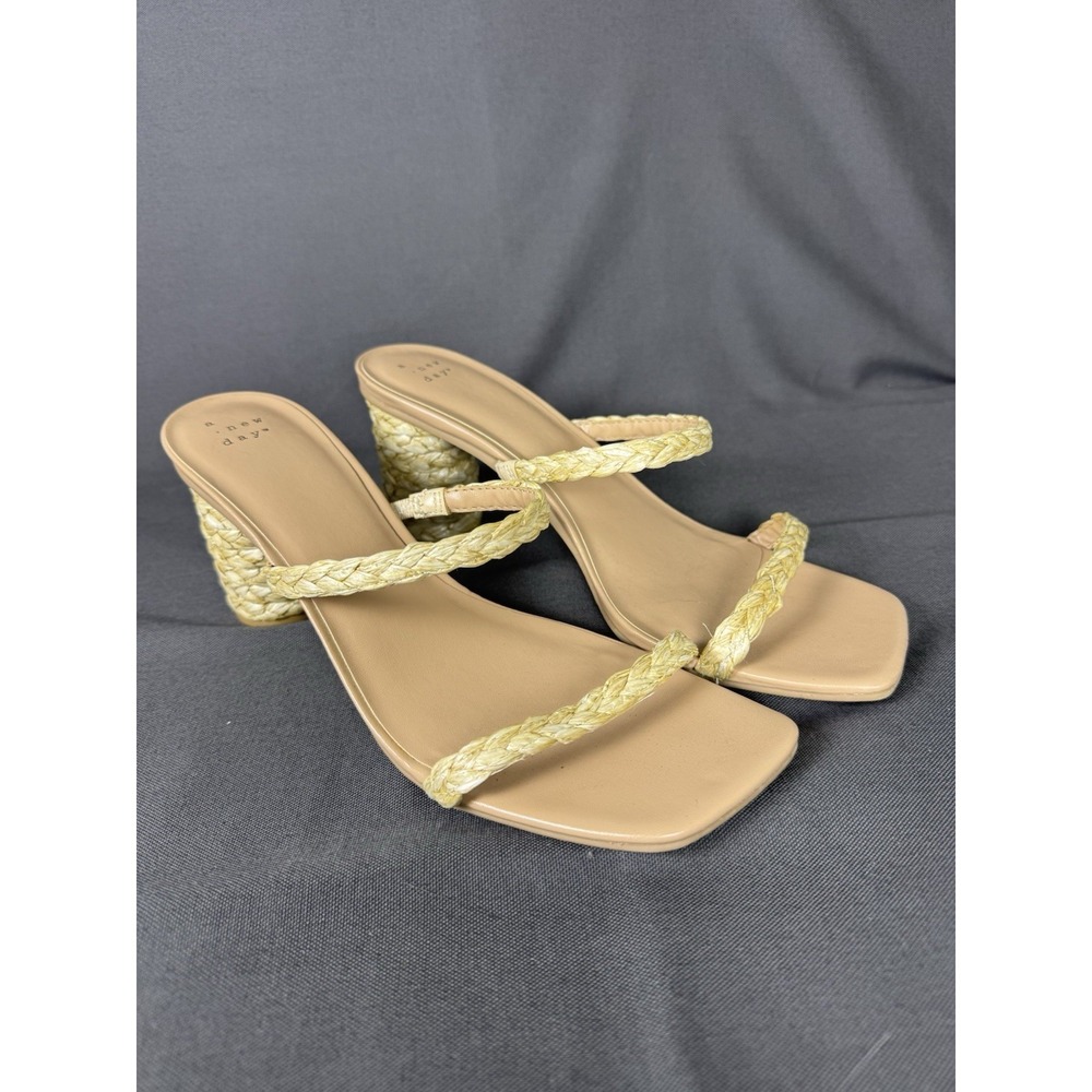 A New Day Womens Size 11 Braided Raffia Block Heel Slide Sandals Beige Natural